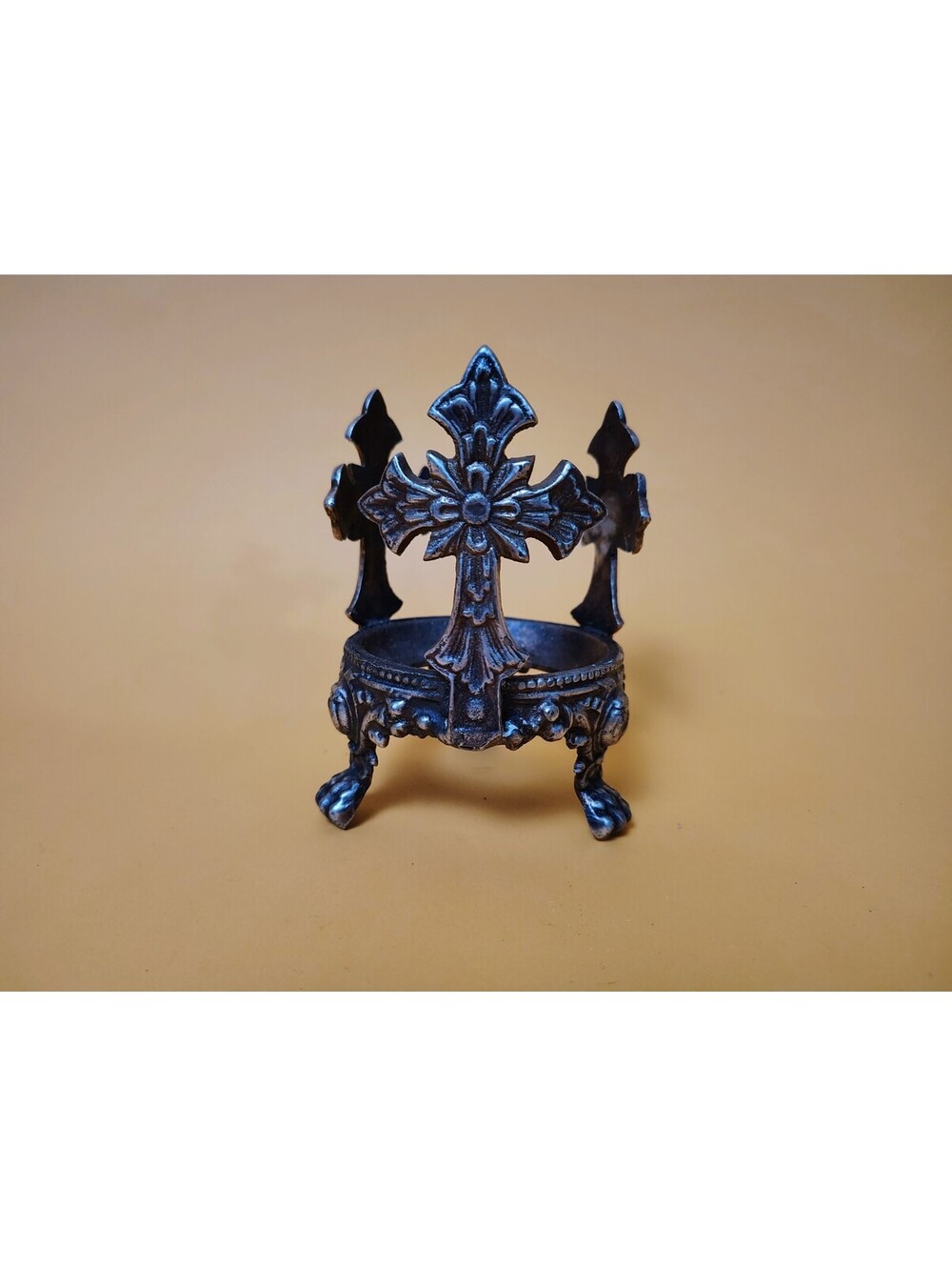 Vintage Gothic Cross Metal Candle Holder Stand Ornate Lion Claw Feet Pillar 4"